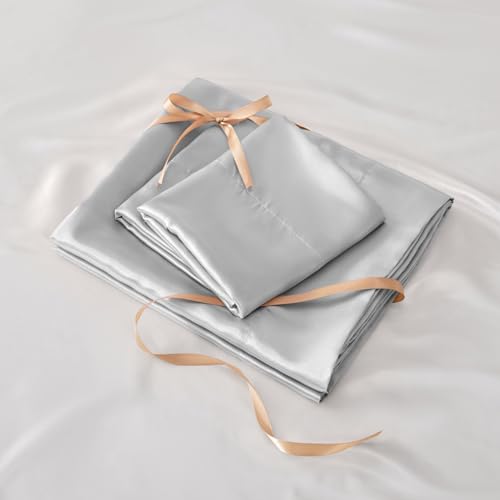BEDELITE Satin Fitted Sheet and Pillowcase Set, Luxury Soft Similar to Silk Bottom Bed Sheet with Elastic Corner Straps, Deep Pocket up to 15 Inch, 1 Fitted Sheet and 1 Pillowcase(Twin, Grey)