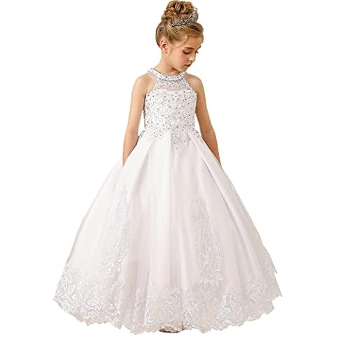 ABAO SISTER Flower Girl Dress Lace Applique Beaded Communion Dress Formal Ball Gown 1-12 Years(White,Size8) Cover