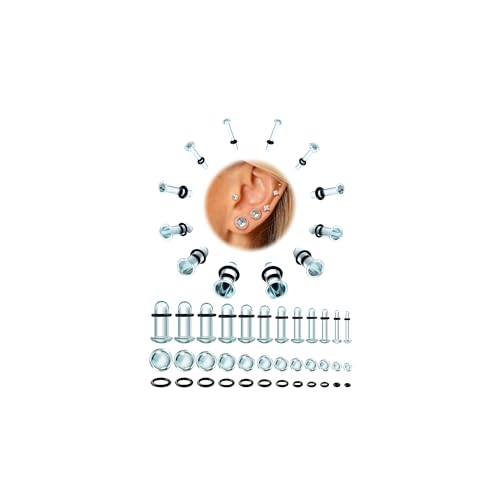 GEMQUEEN 24 PCS Glass Ear Stretching Kit Comfy Ear Gauges Tunnels Plugs Dead Stretching Kit with Rubber O-Rings Single Flare Unique 0.5mm Increments Hypoallergenic Domed Body Piercing Jewelry 14G-1G