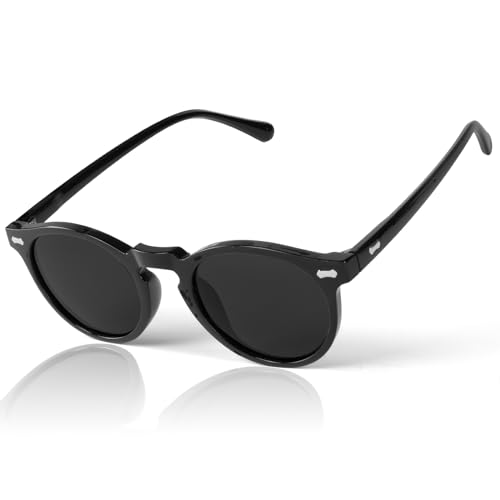 AUYAO Sonnenbrille Herren, Retro UV 400 Unisex Sportbrille Sunglasses, Runden HD-Schützende Polarisierte Sonnenbrille für Autofahren, Outdoor Sportarten und Geschäftsreisen(C1-Schwarzer Rahmen)