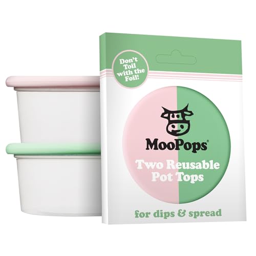 MOOPOPS Reusable Silicone Dip & Spread Tops - 2 Pack | Dishwasher & Fridge Safe | Airtight Lid Seal | Durable & Easy To Use | Designed To Fit Standard Pots for Dips & Spreads | BPA Free