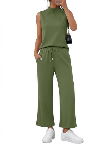 Women's Summer 2 Piece Outfits Mock Neck Tank Top Cropped Wide Leg Pants Lounge Sets 2025 Fashion Tracksuit