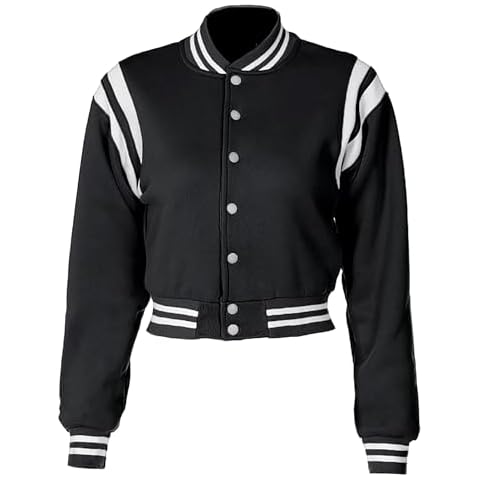 babyhealthy Women Cropped Varsity Jacket Retro Baseball Jacket Bomber Coat Streetwear Black Cover