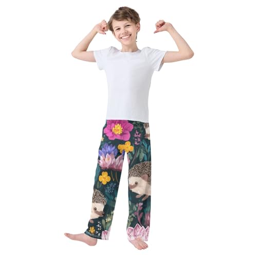 Hedgehog Spring Floral Boys Long Pants Soft Trousers Elastic Waist Kids Lounge Bottoms with Pockets S-XL3