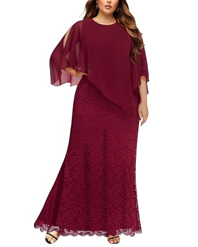 Image of Women's Plus Size Cape Dress with Chiffon Overlay Gown Formal Evening Lace Long Mermaid Dresses 2024