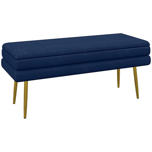 HOMCOM Banc de Rangement, Bout de lit, Coffre de Rangement avec Assise Aspect Velours et Pieds Acier, 100 x 37,5 x 42 cm, Bleu et doré