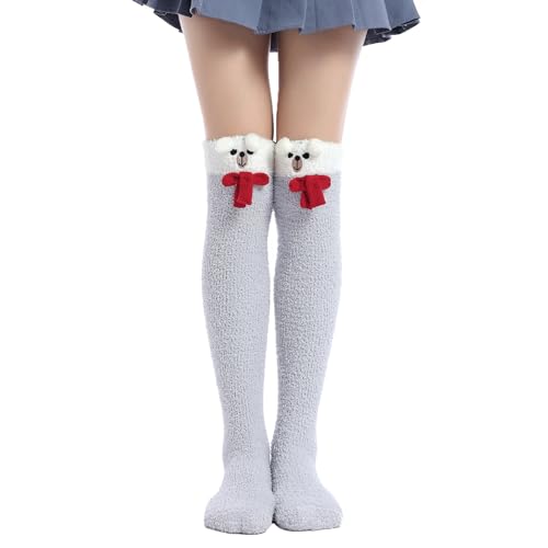 Image of Thigh High Fuzzy Socks Cute Animal Coral Fleece Over the Knee Thigh High Long Stockings Warm Stripe