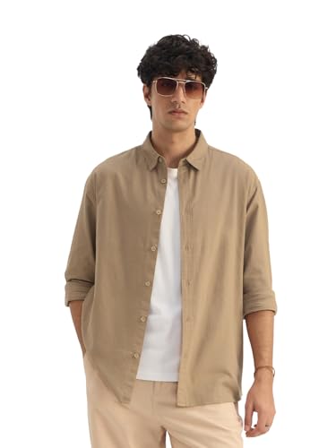 Image of The Souled Store Solid Linen: Beige Color Men and Boys Regular Outdoor Fit Full Sleeve Collared Neck Spread Collar Casual Wear Stylish Comfortable Premium Elegant Cotton Shirts