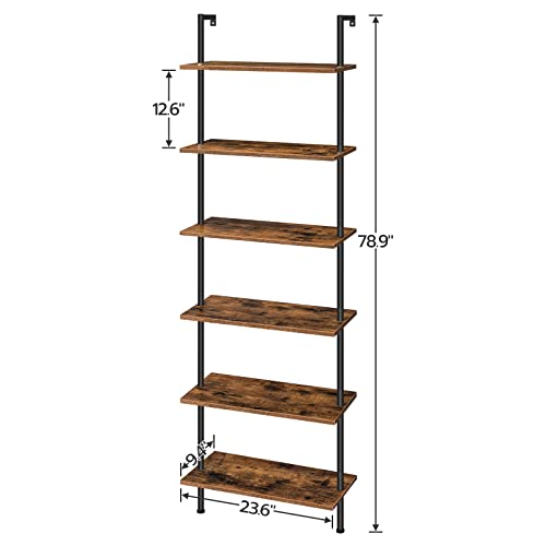 HOOBRO DIY Ladder Shelf, 6-Tier Wall Mounted Bookshelf, Office Vertical Bookcase, Wooden Storage Shelves for Home Office, Bedroom, Rustic Brown and Black BF65CJ01 by HOOBRO - Image 2