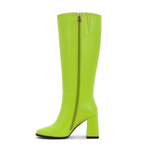 Image of Knee High Boots for Women - Wide Calf Boots with Zipper, Square Toe Tall Leather Boots, Chunky Heel Fashion Long Boots
