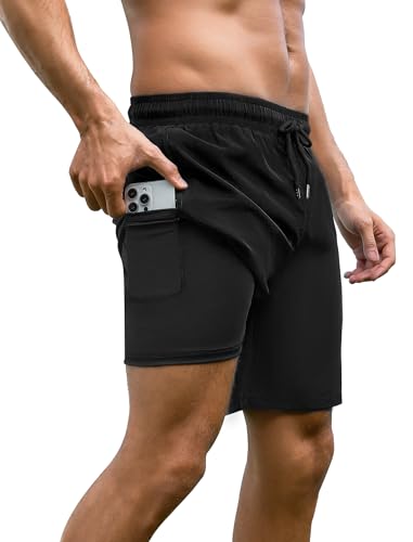 Arolina Mens Bathing Suits Swim Trunks Compression Liner 7 Inch Zipper Pockets Swimwear Board Shorts Black XX-Large