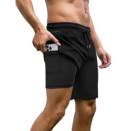 Arolina Mens Swim Trunks with Compression Liner 7 Inch Quick Dry Board Shorts Bathing Suits Swimwear XX-Large Solid Black