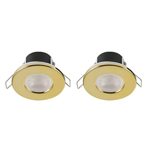 NWT Direct Brushed Brass LED Dimmable Spotlight Down Light IP65 Ceiling Bathroom Kitchen Waterproof 4 Bezel Finishes Fire Rated Bulb Energy Efficient A++ - Pack of 2