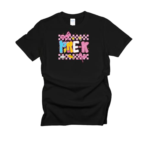 Pre-K T-Shirt, Kids Colorful Checkered Design, Black Cotton Short Sleeve