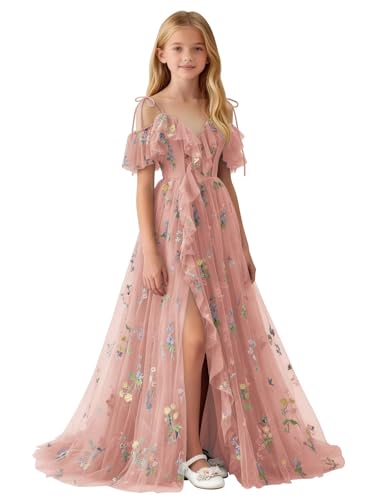 SoDigne Flower Embroidery Tulle Flower Girl Dress with Slit 2026 Spaghetti Straps Long Junior Bridesmaid Dresses Dusty Rose V Neck Fairy Formal Pageant Gown Size 6