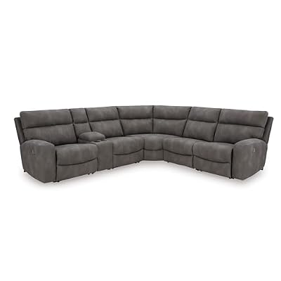 Signature Design by Ashley Next-Gen DuraPella Urban L-Shaped Faux Leather Modular 6-Piece Power Reclining Sectional with Adjustable Headrest, USB Charging Ports, Console and Storage, Gray