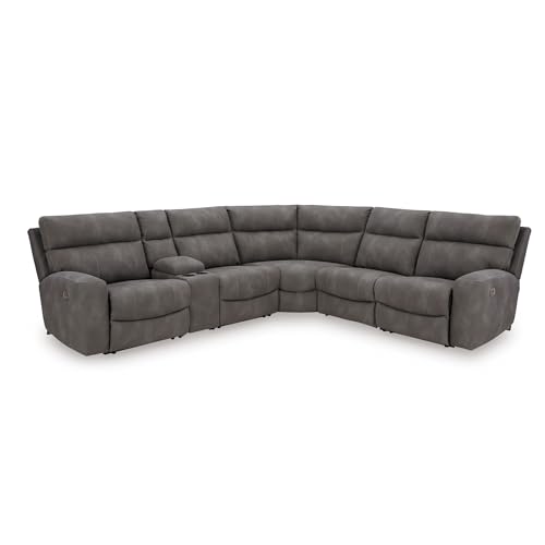 Signature Design by Ashley Next-Gen DuraPella Urban L-Shaped Faux Leather Modular 6-Piece Power Reclining Sectional with Adjustable Headrest, USB Charging Ports, Console and Storage, Gray