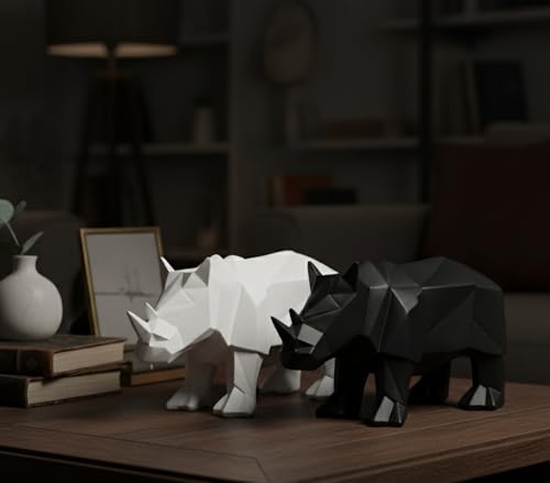 ESPLANADE Resin Rhino Rhinoceros Pair Sculpture Figurine Showpiece | Decorative Items - Home Decor | Black & White - 10" Inches Length