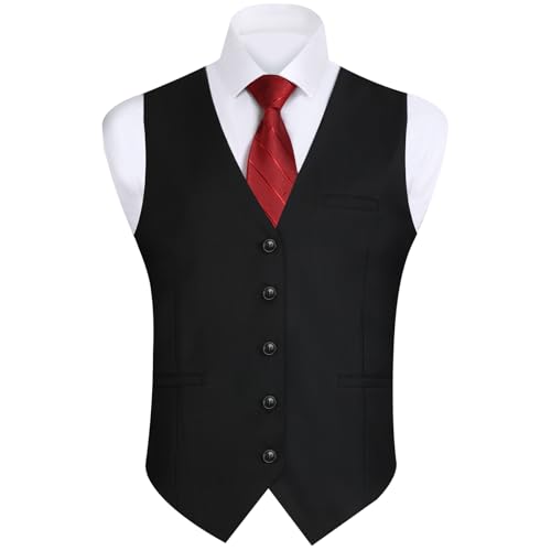 ZEHUR Mens Suit Vest Formal Dress Waistcoat Business Casual Wedding Vests with 3 Pockets for Suit or Tuxedo, Black, Large