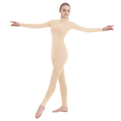 SUPRNOWA Full Body Unitard Turtleneck Spandex Footless Long Sleeve Bodysuit Unisex (Small, Nude (Footless))