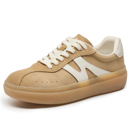 somiliss Sneakers for Women Genuine Leather Suede Upper Non-Slip TPR Outsole Tennis Walking Shoes for Women Fashion Sneakers 6.5 Yellow
