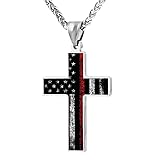 Adjzepuo Red Black Thin Line American Firefighter Flag Cross Pendant Necklace for Men Religious Jewelry Polished Silver Chain Necklace Birthday Gift
