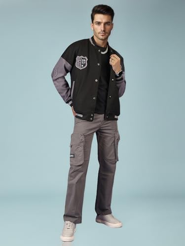 Image of CHKOKKO Men's Oversized Varsity Jacket with Snap Button Closure and Patch Design Trendy Comfortable Outerwear for College Travel and Casual Wear