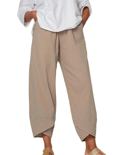Capris Pants for Women Cotton Linen Baggy Wide Leg Pants Casual Elastic Waisted Palazzo Plus Size Pants with Pockets