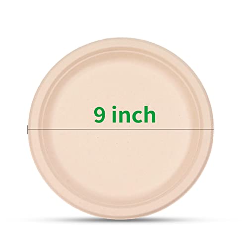 RACETOP Compostable Paper Plates 9 Inch [150 Pack], Disposable Biodegradable Heavy Duty Paper Plates, Made of Natural Sugarcane Fibers, Unbleached Brown, Round