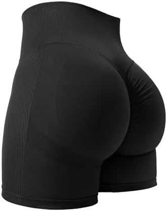 YEOREO Women High Waist Workout Yoga Gym Smile Contour Seamless Cycling Shorts, Black Solid, X-Small