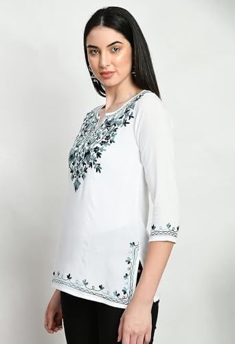 Image of QAZMI Women's Cotton Embroidered Short Kurti (Aari Work) White-Blue XL
