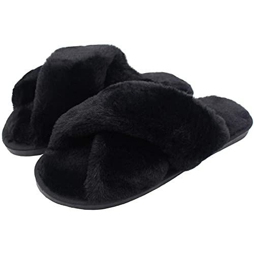 AONEGOLD Chausson Fourrure Femme Pantoufles Chaudes Confortable Peluche d’intérieur Furry Femelle Bout Ouvert Anti-dérapant Accueil Slippers (Noir,Taille 38-39) Cover