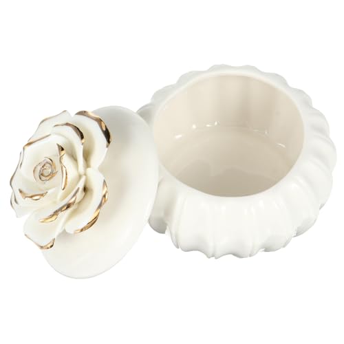 BAZEITFLOW Boîte de Rangement pour Bijoux en Céramique Blanche à Motif Rose Petite Taille Coffret Portable Couvercle pour Organiser Bagues Boucles D’Oreilles et Colliers Rangement