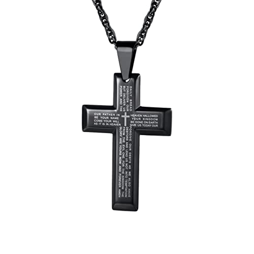 PROSTEEL Cross Necklace for Men, Lord's Prayer Cross Pendant with Adjustable Chain 22-24 Inches 316L Stainless Steel Bible Verse Christian Gifts for Men (with Gift Box) 05 - Black