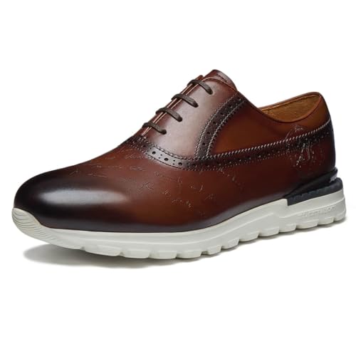 Men's Dress Sneakers Genuine Itailian Cowhide Leather Casual Shoes Brogue Running Oxfords with XL Extralight Sole