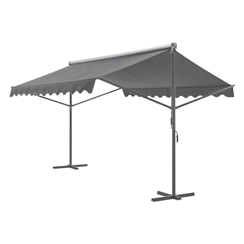 pro.tec Store Banne Autoportant Double Pente à Manivelle pour Terrasse et Jardin Polyester Revêtement PU Aluminium Acier Laqué 400 x 300 x 260 cm Gris Foncé