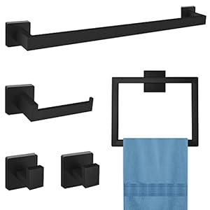 16 in Bathroom Hardware Set, 5 Piece Matte Black Stainless Steel Hardware Set, Include Towel Rack, Towel Ring, Toilet Paper Holder, 2 Robe Towel Hooks, Bathroom Accessory kit