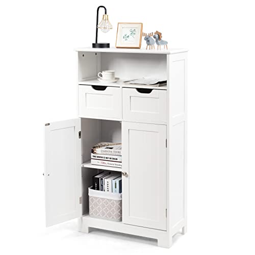 LIFEZEAL Mobiletto Bagno Salvaspazio in Legno, Armadio a 2 Ante con 2 Cassetti e Rapino Aperto, Arredo Grande 60x30x109 cm, Mobile Dispensa Cucina, Vetrinetta Soggiorno Moderno e Alta (bianco)