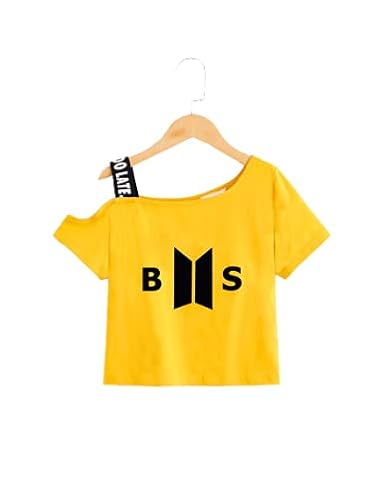 CrazyInk Printed Mustard Crop top for Kids|One Side Off Shoulder Half Sleeve Crop top for Girls| Cotton Crop top|Short Sleeve Crop top for Girls