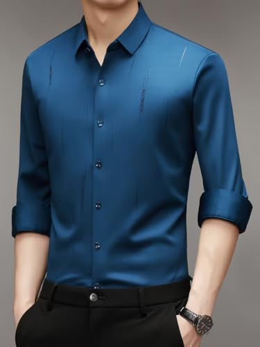 Image of IndoPrimo Men's Regular Fit Satin Designer Shirt with Stylish Vertical Line Sequence | Long Sleeve Formal & Casual Button Down Shirt for Casual and Party Look