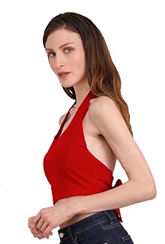 Image of THE BLAZZE 1381 Women's Basic Sexy Solid Backless Halter Neck Slim Fit Sleeveless Crop Top for Women