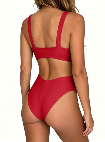 Image of geluboao Bikini Set for Women Solid V Neck Knot Front Push Up High Leg Thong Two Piece Swimsuit