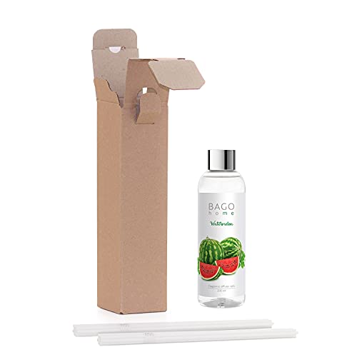 Bago Home Reed Diffuser Refill Set - Watermelon | 6.8 Ounces 200 Ml | 16 Reed Diffuser Sticks Inside | Alcohol-Free | Watermelon, Green Apple & Sandalwood | Fragranced Oil For Home & Office Decor #TOP1