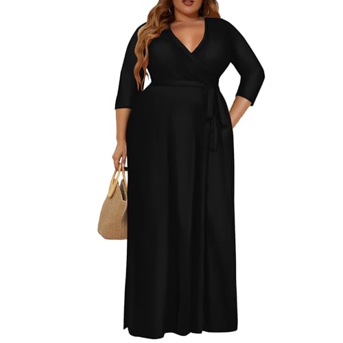 Plus Size Dress for Women - 3/4 Sleeve V-Neck Maxi Dress for Women with Belt and Pockets （2XL-6XL