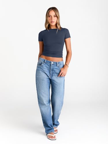 Image of Trendy Queen Womens Boat Neck Tops Short Sleeve Shirts | Compression Basic Tops,Y2K Aesthetic Slim Fit,Professional Business Casual, Polished Teacher Outfits
