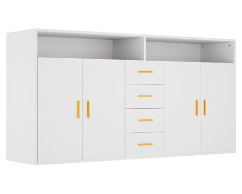 HOMAVO Sideboard BG1-L, 160x81x40 cm, Spanplatte mit Melaminbeschichtung, 2 Türen und 4 Schubladen, Wohnzimmer Kommode, Wahlweise in Schwarz, Weiß, Walnuss oder Grau-Marmor (Weiß)