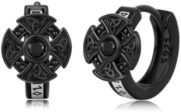 MEDWISE Viking Hoop Earrings for Women Men 925 Sterling Silver Viking Celtic Knot Cross Black Huggie Hoop Earrings Cross Irish Jewelry Gifts for Men Women Unisex Lover