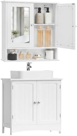 VASAGLE Waschbeckenunterschrank mit Spiegelschrank hängend, Badezimmerschrank mit 2 Türen, verstellbare Ablagen, 2 Spiegeltüren, offenes Fach, wolkenweiß BBC01WT-01