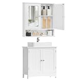 VASAGLE Waschbeckenunterschrank mit Spiegelschrank hängend, Badezimmerschrank mit 2 Türen, verstellbare Ablagen, 2 Spiegeltüren, offenes Fach, wolkenweiß BBC01WT-01