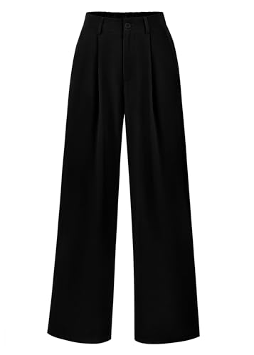 KIRUNDO Women's Elastic High Waisted Wide Leg Dress Pants Loose Fit Pleated Front Business Casual Work Pants Trousers
